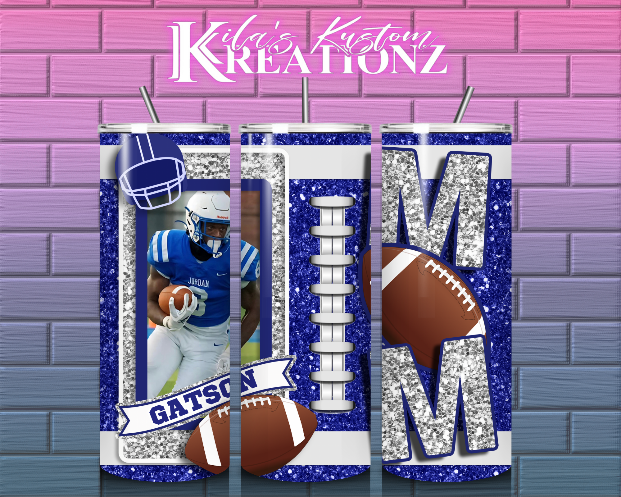Football Mom Tumbler (Blue/White/Silver) 20 oz.